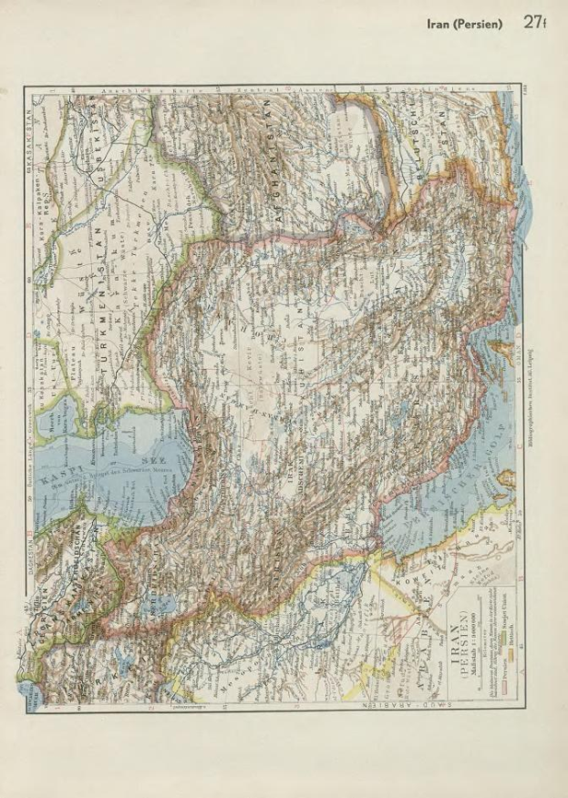 Alte 19. Jahrhundert-Karte von Iran mit geografischen Merkmalen, Text oben und unten und blauen, grünen, gelben und roten Farben.