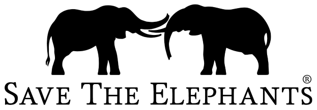 Zwei Elefanten stehen sich gegenüber, ihre Rüssel sind ineinander verschlungen, vor einem hellblauen Hintergrund mit der Aufschrift "Save the Elephants" in weißer Schrift darüber.