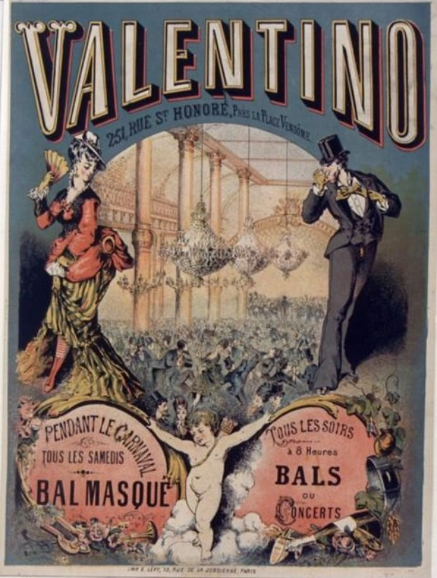 Ein Plakat, das eine Valentinstagsparty in Paris ankündigt, zeigt einen Mann mit Zylinder und eine Frau in einem langen Kleid nebeneinanderstehend, mit Text, der das Ereignis beschreibt.