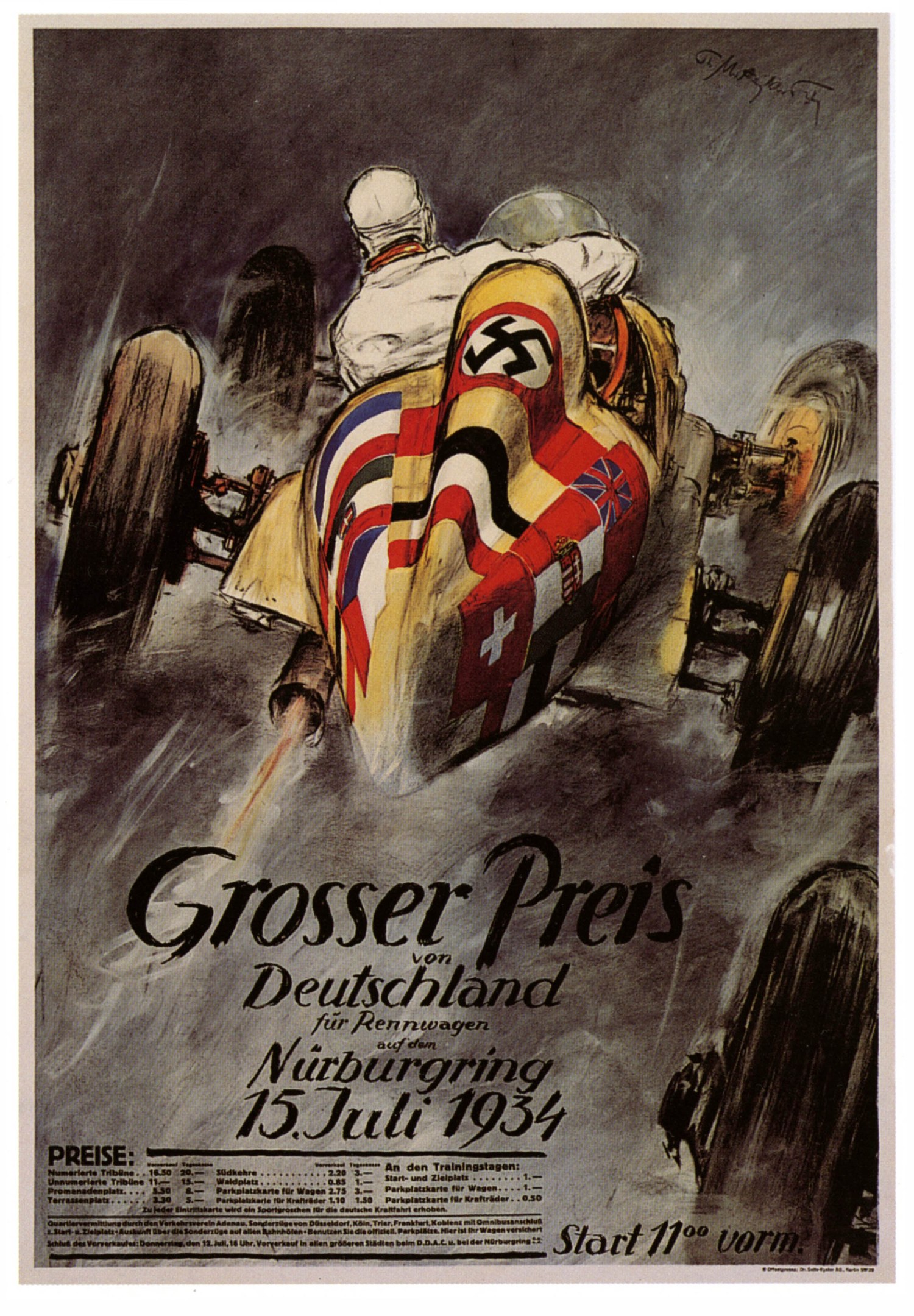 Ein Plakat, das ein Rennauto mit einer Nazi-Flagge zeigt, in hellgelb und rot lackiert, mit einem schwarz-weißen Schachbrettmuster auf der Haube und einem Fahrer in einem schwarzen Helm und einem rot-weiß gestreiften Hemd, vor einem hellblauen Himmel mit wei├čen Wolken.