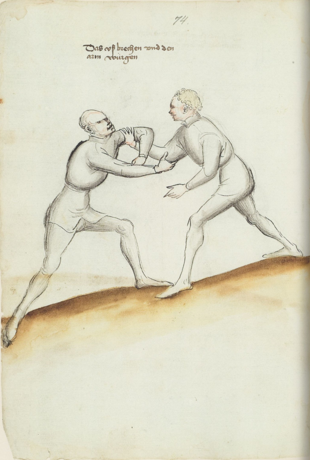 Zwei Männer in einer körperlichen Auseinandersetzung, wobei einer einen Schlag auf den anderen wirft, auf einem Papier mit Text stehend.