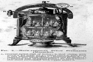 Eine Zeichnung eines zylindrischen, metallenen Hochdruckdampf-Sterilisators mit einem Griff oben, einer seitlichen Auslassöffnung und einem vorderen Glasfenster, beschriftet mit "Hochdruckdampf-Sterilisator".