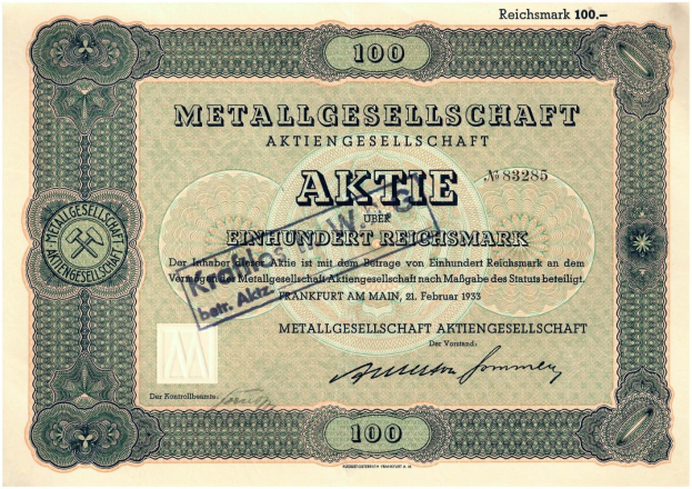 Alte deutsche 100 Reichsmark-Banknote von 1933 mit 'Metallgesellschaft Aktie' darauf gedruckt.