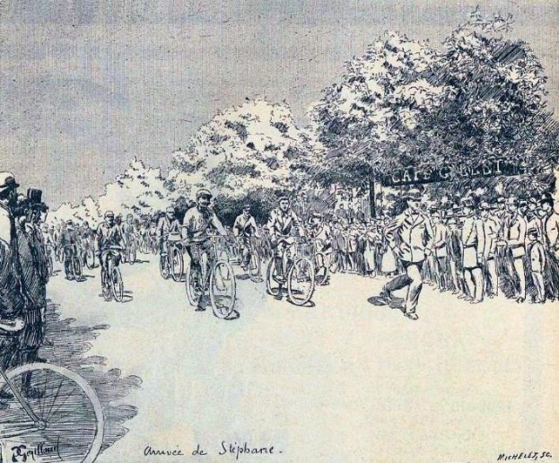 Ein buntes Bild von Radfahrern, die eine von Bäumen gesäumte Straße hinunterfahren, mit dem Text "Annie de Stipbane - Tour de France" unten.