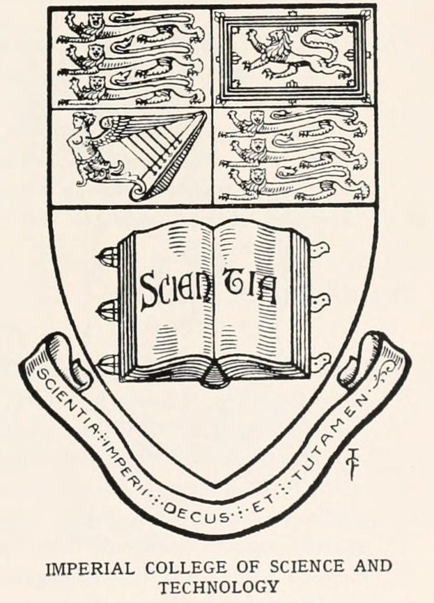 Logo der Imperial College London mit einem aufgeschlagenen Buch mit der Universitätskrone auf einer Seite und fettem Text auf der anderen, umgeben von einem dekorativen Rahmen.