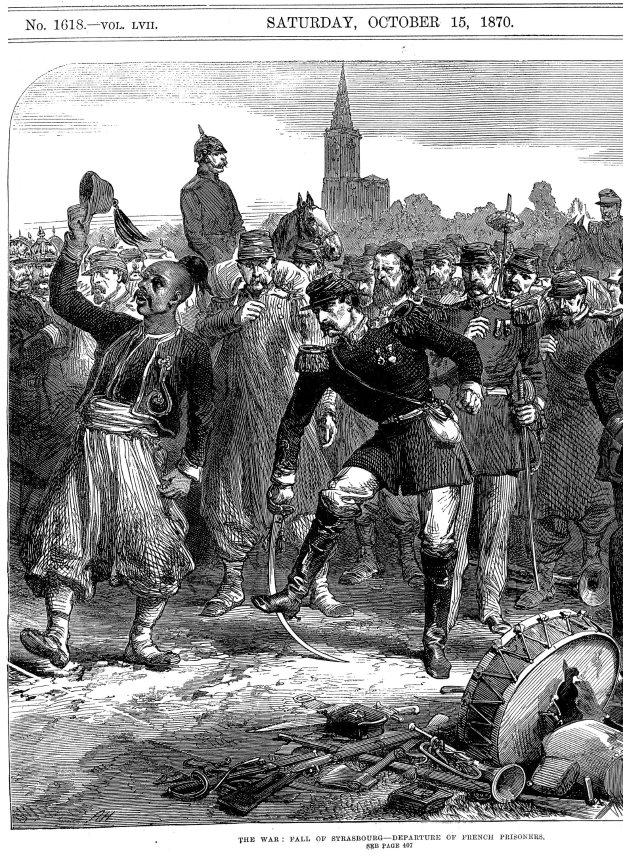 Schwarz-weiß-Illustration von beunruhigten Menschen vor einem hohen Gebäude während des Sachsen-Anhalt-Krieges am 15. Oktober 1870, mit einem orangefarbenen Sonnenuntergang.