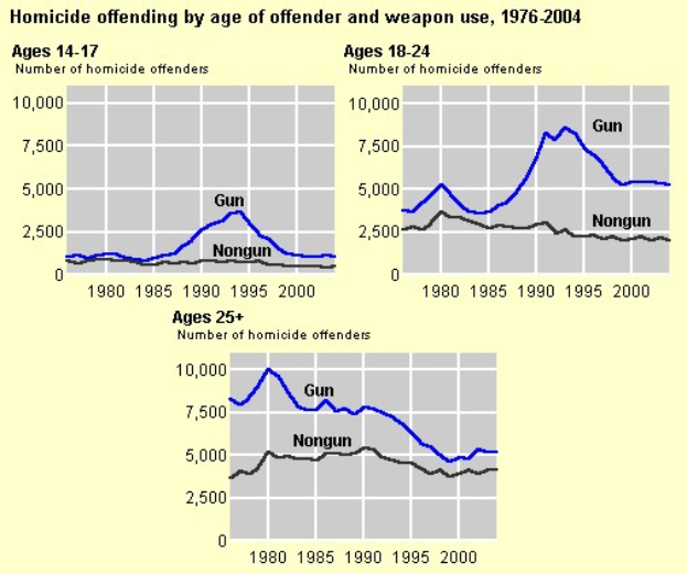 Grafik, die die Homicide-Offending-Rates nach Alter des Täters und Waffengebrauch von 1976 bis 2004 zeigt, mit begleitendem erklärendem Text.