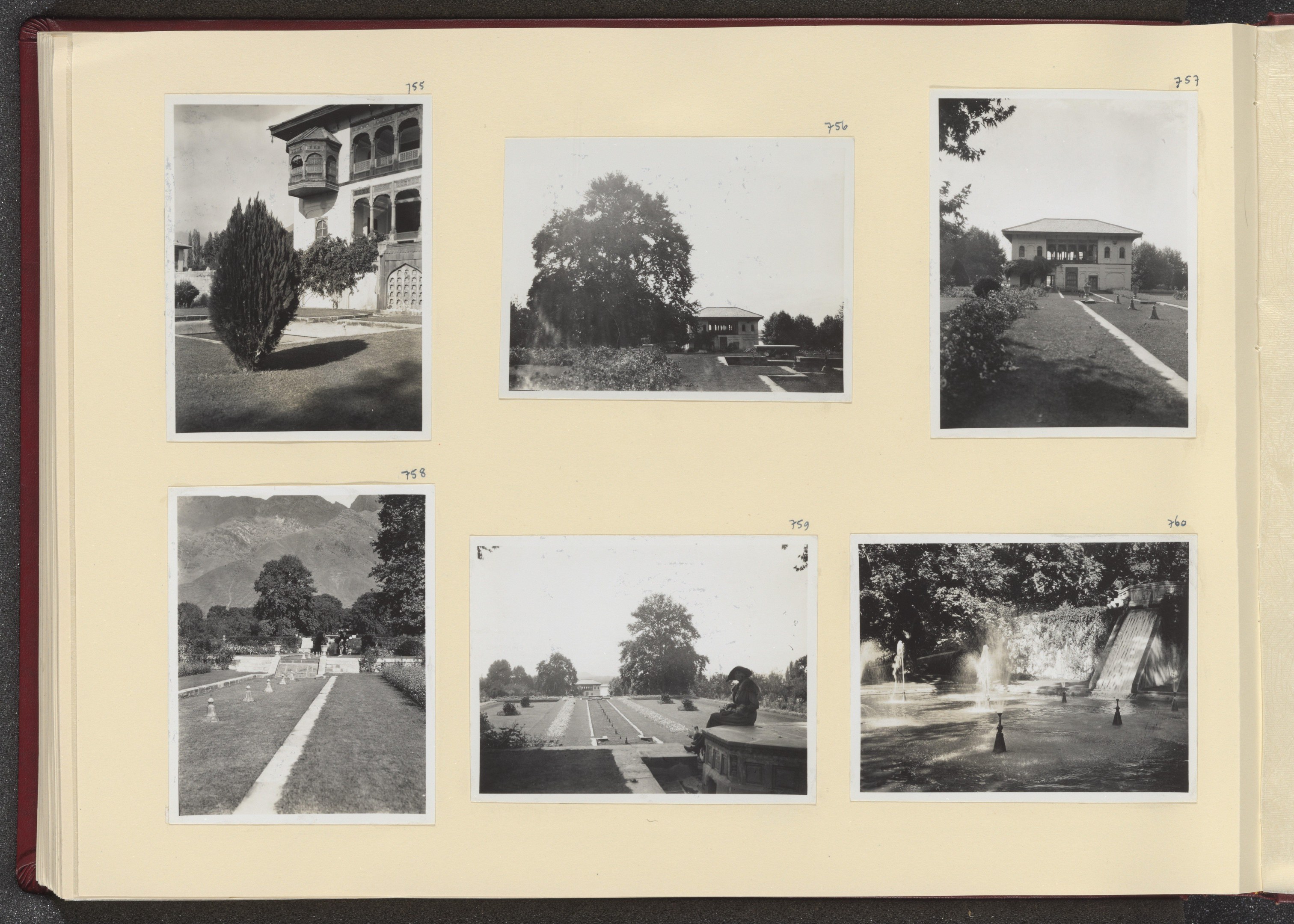 Offenes Buch mit einer Collage aus Schwarz-Weiß-Fotografien, die Bäume in der Mitte zeigen, umgeben von Bildern von Gebäuden und einem Brunnen.