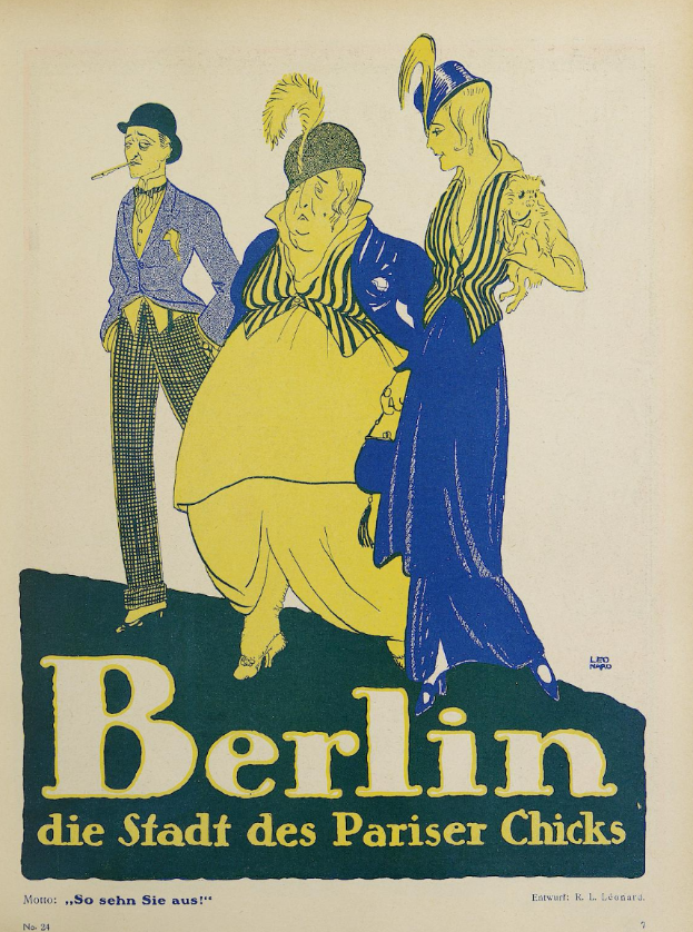 Ein Plakat wirbt für ein Konzert in Berlin, Deutschland, mit einer Gruppe farbenfroher Menschen vor einem Gebäude, mit der Aufschrift "Berlin - Die Stadt des Pariser Chicks" oben.