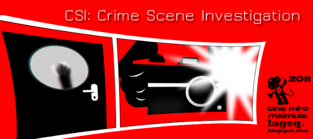 Ein rotes Plakat mit "CSI Crime Scene Investigation" in fetter weißer Schrift, das einen Menschen in einer schwarzen Kapuzenjacke mit entschlossener Miene zeigt, umgeben von einem schwarz-weißen Rand, vor einem dunklen blauen Hintergrund.