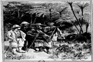 Eine Schwarz-Weiß-Illustration einer Gruppe von Menschen in traditioneller Kleidung und Hüten, die durch einen üppigen Wald gehen, mit dem Text "Die Rückkehr des Königs des Dschungels" unten.