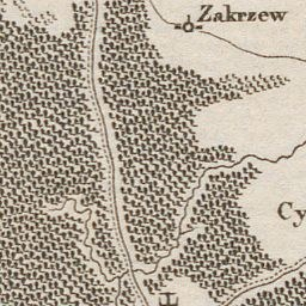 Ein detaillierter alter Stadtplan von Zakrzew, Polen, der Straßen, Gebäude, Landmarken und Textbeschreibungen der Stadt, ihrer Bevölkerung, Geschichte und Kultur zeigt.