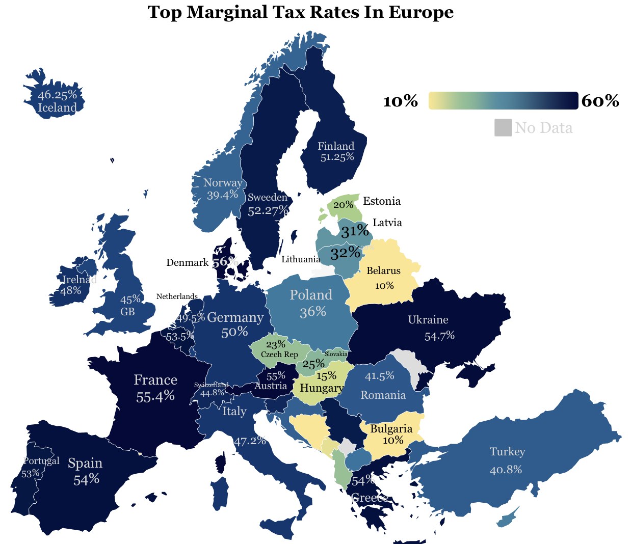 Eine Europa-Karte mit Farben, die die höchsten Grenzsteuersätze pro Land anzeigen, mit der Überschrift "Höchste Grenzsteuersätze in Europa".