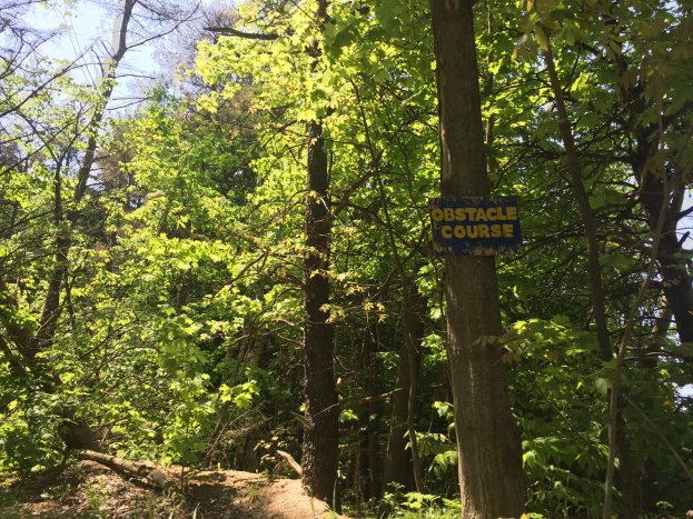 Weg in einem bewaldeten Gebiet, der mit einem Schild mit der Aufschrift "Hindernislauf" markiert ist und von Bäumen umgeben ist.