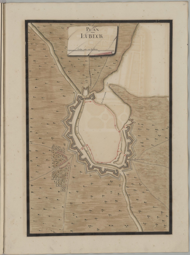 Ein altes Buch mit einer detaillierten Karte von Lübeck, die Straßen, Gebäude und Sehenswürdigkeiten zeigt, sowie zusätzlichen Texten über die Bevölkerung, Geschichte und Kultur der Stadt.