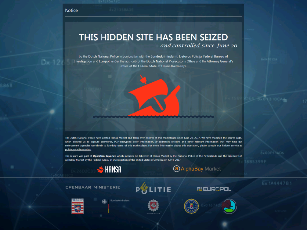 Ein Computerbildschirm mit einer Nachricht "Diese verdeckte Website wurde beschlagnahmt" in fetter, schwarzer Schrift mit einem weißen Rand, neben einem Logo der niederländischen Polizei mit einem blauen Schild und einem weißen Stern.