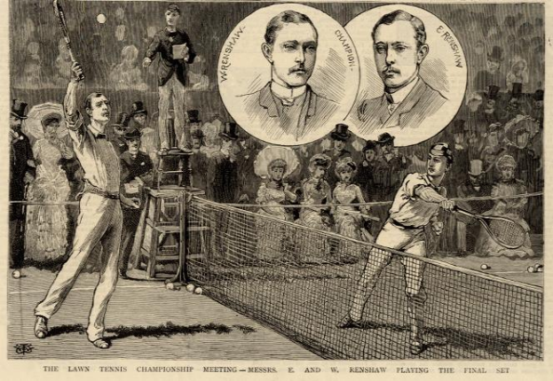 Eine Schwarz-Weiß-Zeichnung von zwei Männern, die auf einem Platz mit Zuschauern im Hintergrund Tennis spielen, und ein Text unten mit der Aufschrift "The Lawn Tennis Championship Meeting - Messers, E and W Renshaw Playing the Final Set".