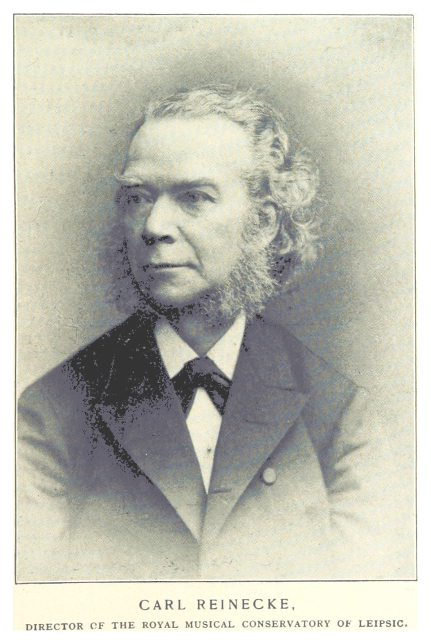 Schwarzes und wei├čes Portr├Ąt von Carl Reinecke, Direktor der K├äiglich Musikalischen Hochschule Leipzig, in einem Anzug, mit Text unten.