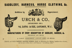 Anzeige für urch & co Sattlerei mit Abbildungen von Sätteln, Zaumzeug, Zügeln und Schuhen sowie begleitendem Text.