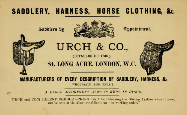 Anzeige für urch & co Sattlerei mit Abbildungen von Sätteln, Zaumzeug, Zügeln und Schuhen sowie begleitendem Text.