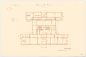 Ausführlicher Grundrissplan des Physiologischen Instituts in München, der Räume, Flure, Fenster, Türen und weitere Merkmale mit begleitendem Text zeigt.
