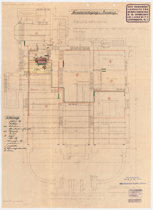 Schwarz-weißer Architekturplan des Rosenhof-Krankenhauses in Hamburg, Deutschland, mit detaillierter Darstellung mit zahlreichen Drähten, Räumen, Fluren und Textanmerkungen auf altem Papier.