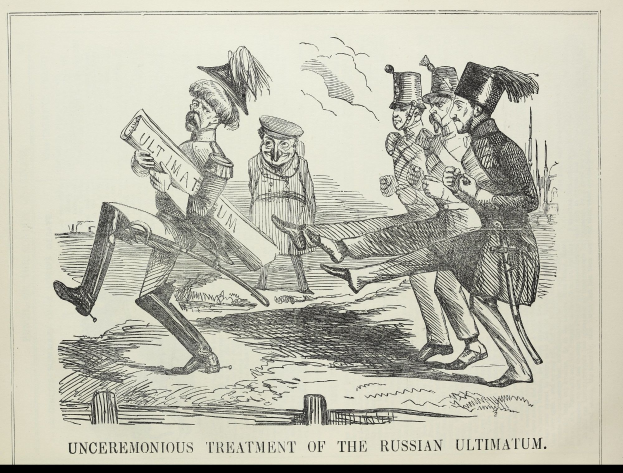 Ein Blatt Papier mit einer Zeichnung von beunruhigten Menschen, die Gegenstände halten, mit der Überschrift "unceremonious treatment of the Russian ultimatum" unten.