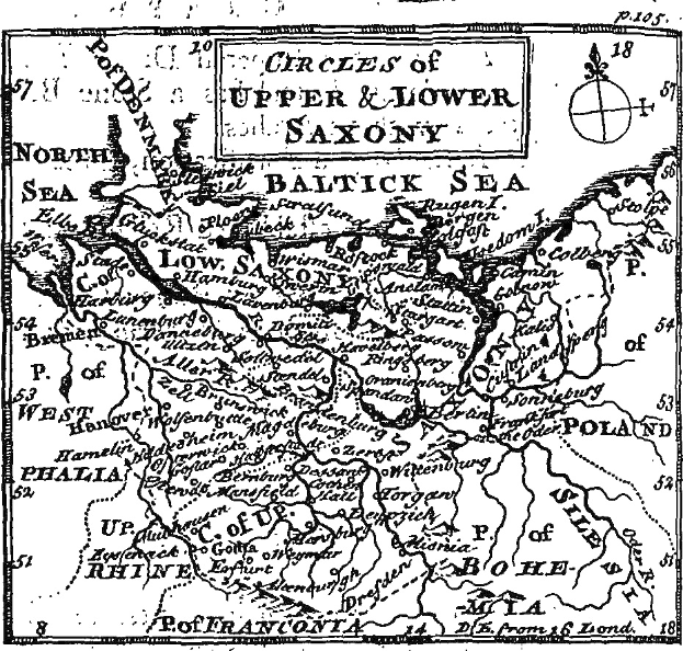 Schwarz-we├če Karte von Ober- und Niedersachsen, die geographische Merkmale wie Flüsse, Berge und St├Ądte zeigt, mit zus├Ątzlichen Textanmerkungen.