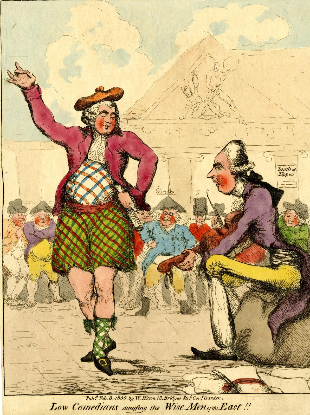 Karikatur eines Mannes in einem Kilt und einer Frau in einem Kleid, die vor einer Menge stehen; Text unten lautet 'Niedrige Komiker, die die weisen Männer des Ostens unterhalten'.