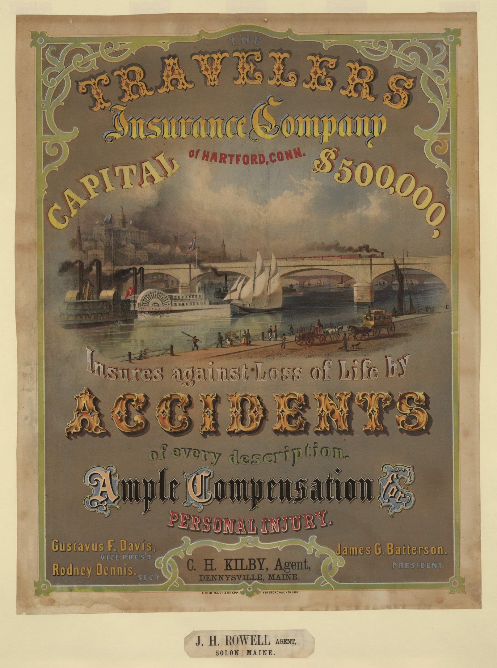 Werbeposter für die Traveler's Insurance Company of Hartford, Connecticut, mit Booten, einer Brücke und Gebäuden, das Reiseversicherungsdienstleistungen anbietet.