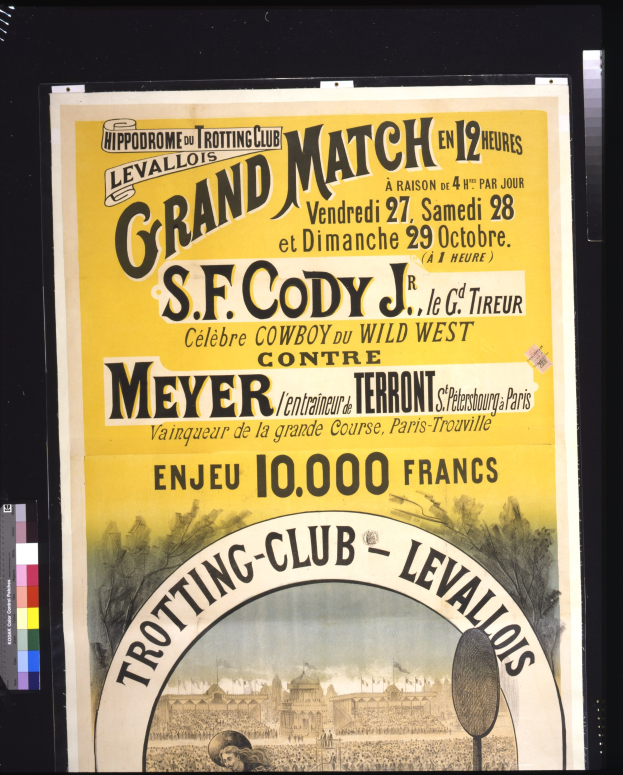 Plakatankündigung eines großen Kampfes zwischen S.F. Cody und Meyer mit Textbeschreibung des Ereignisses