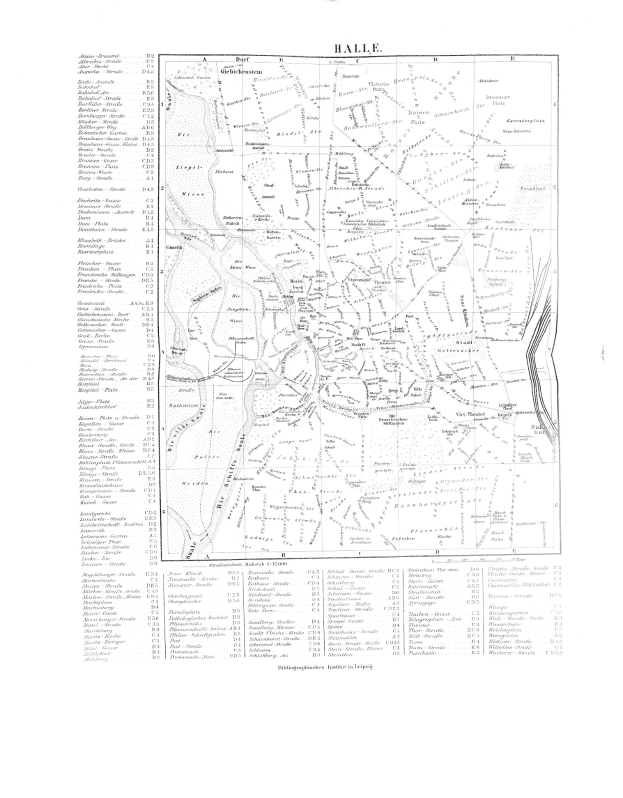 Schwarze und weiße Karte von Halle, Deutschland, mit detaillierten Textbeschriftungen von Straßen und Standorten.