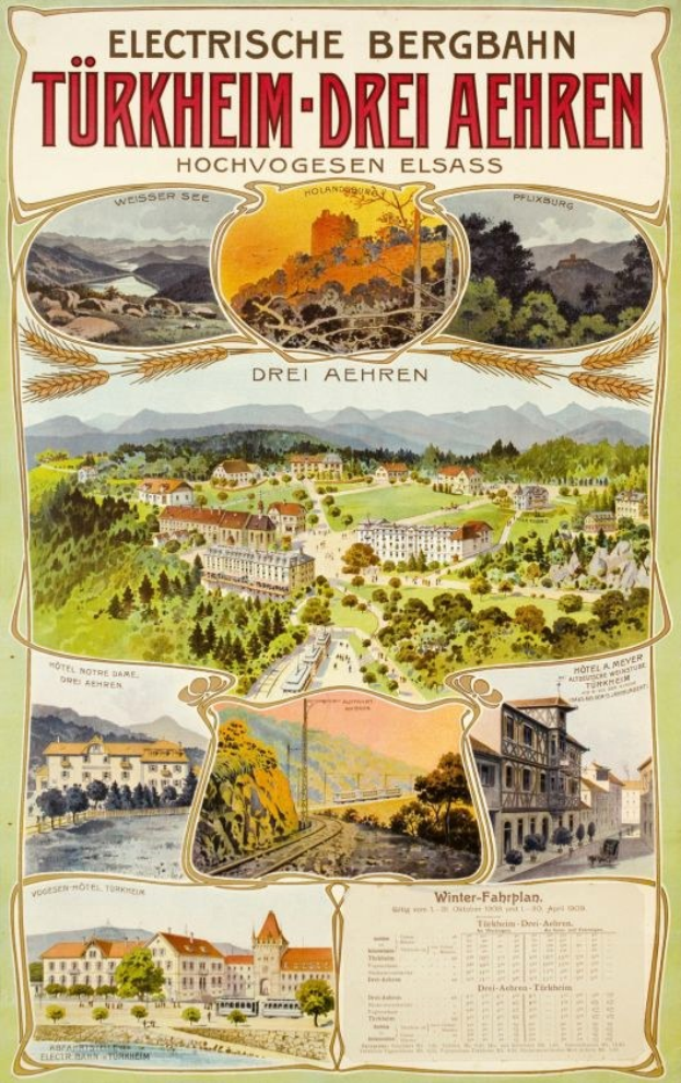 Plakat, das Bergbahn, Deutschland als elektrisches Stadt bewirbt, mit Bildern von Gebäuden, Bäumen, Hügeln und beschreibendem Text.