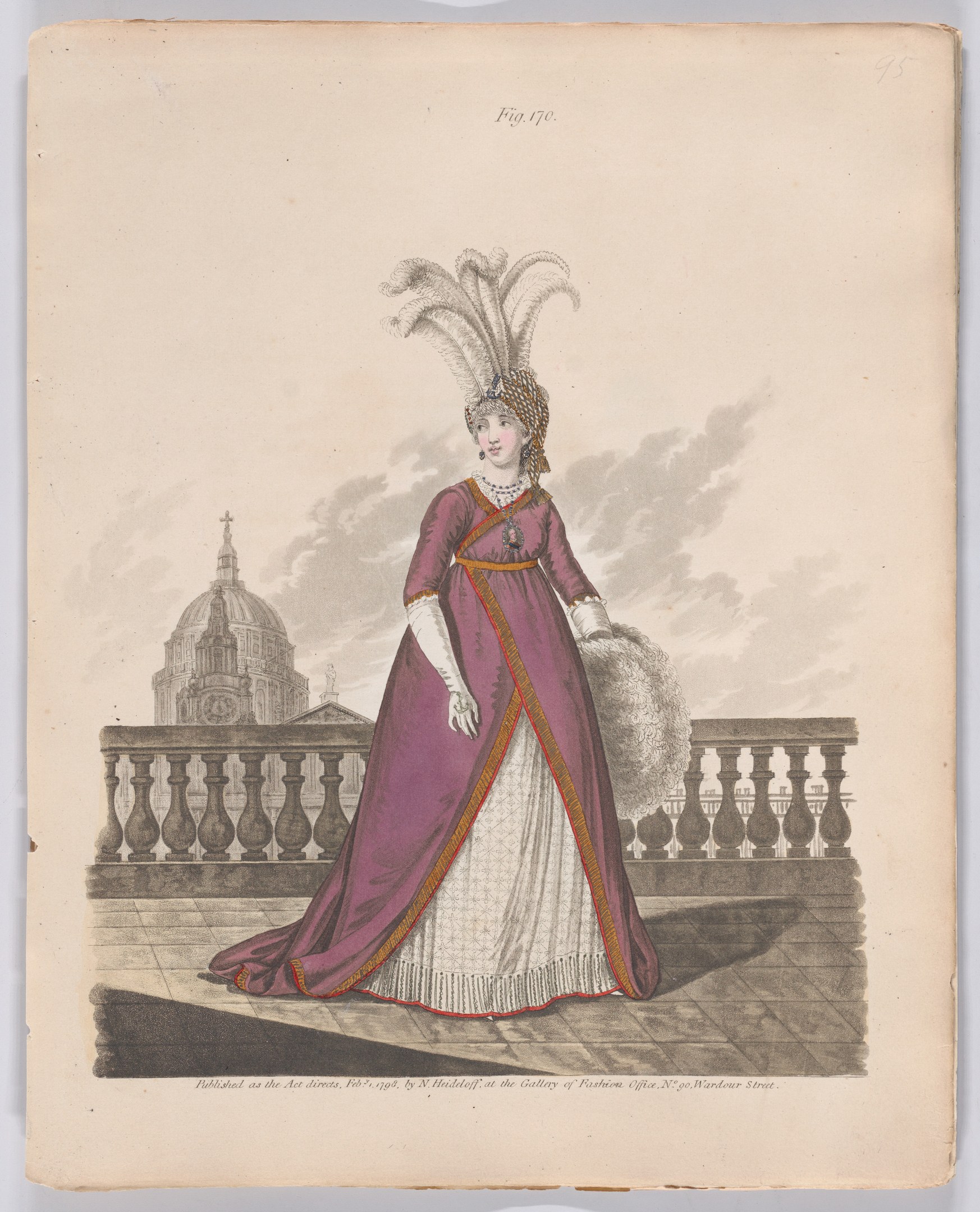 Frau in einem lila und weißen Federkleid, die an einem Geländer mit einem Gebäude und Wolken im Hintergrund steht, beschriftet mit "Fashion of New York, New York Street, 1790."